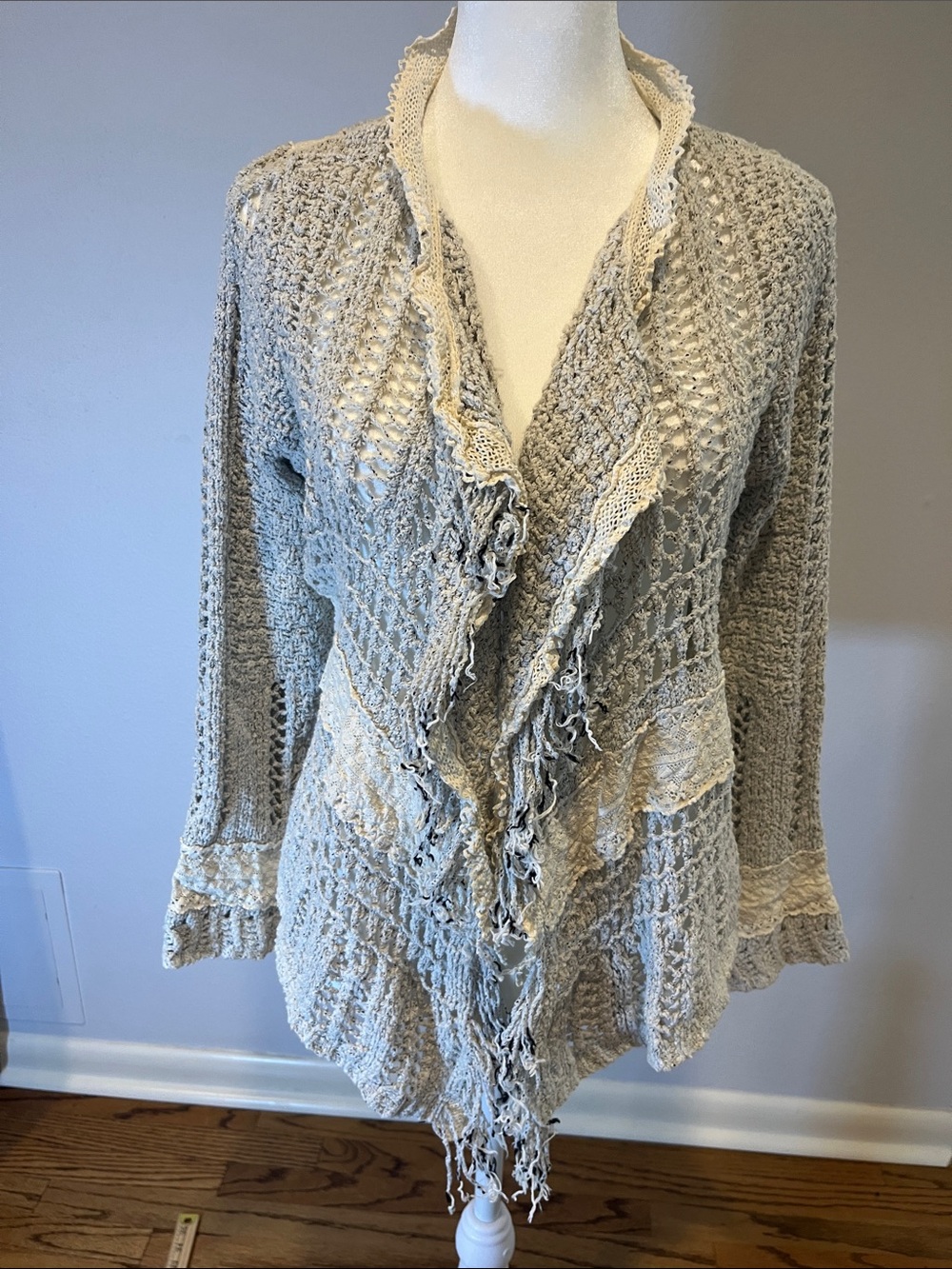 Anthropologie Knitted & Knotted Sz L Crochet Cardigan Cream Embroidery Lace Boho
